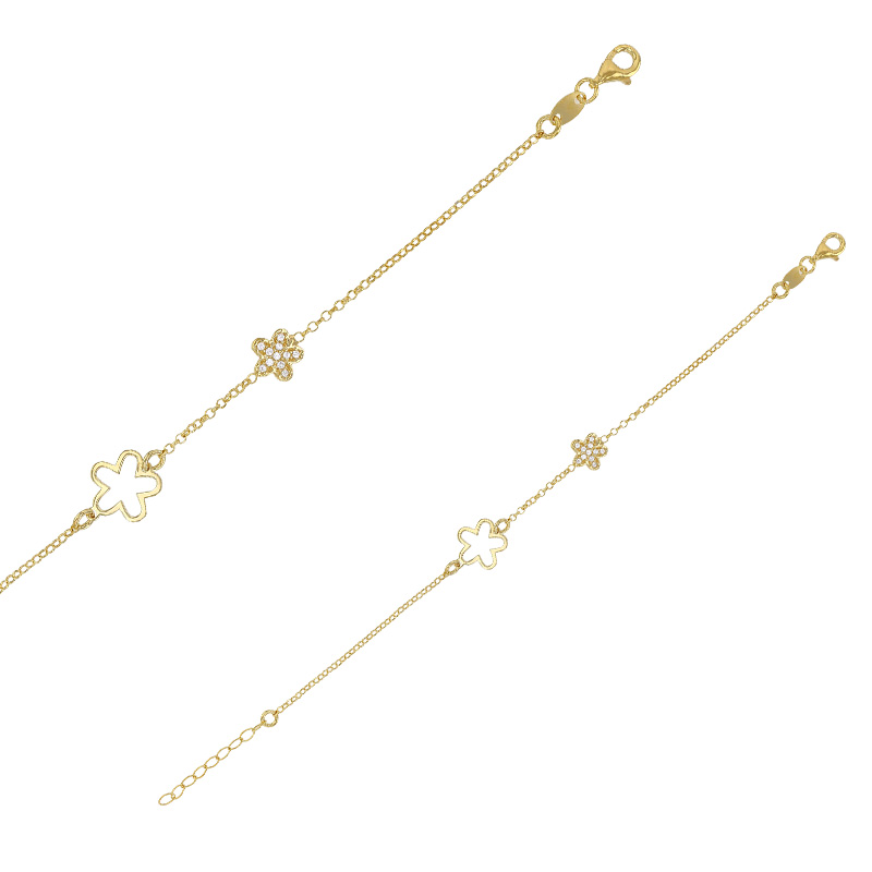 Bracelet 2 fleurs dont une avec oxydes en argent 925/1000 doré