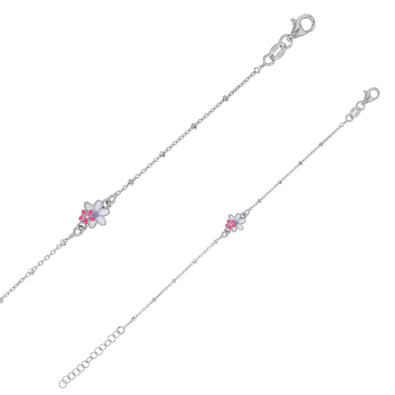 Bracelet 2 fleurs émail rose violet, argent 925/1000 rhodié