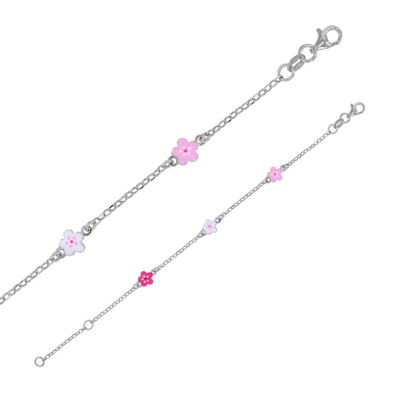 Bracelet 3 fleurs en émail rose, blanc et fuchsia, en argent 925/1000 rhodié