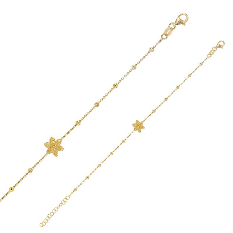 Bracelet fleurs en relief et boules, argent 925/1000 doré