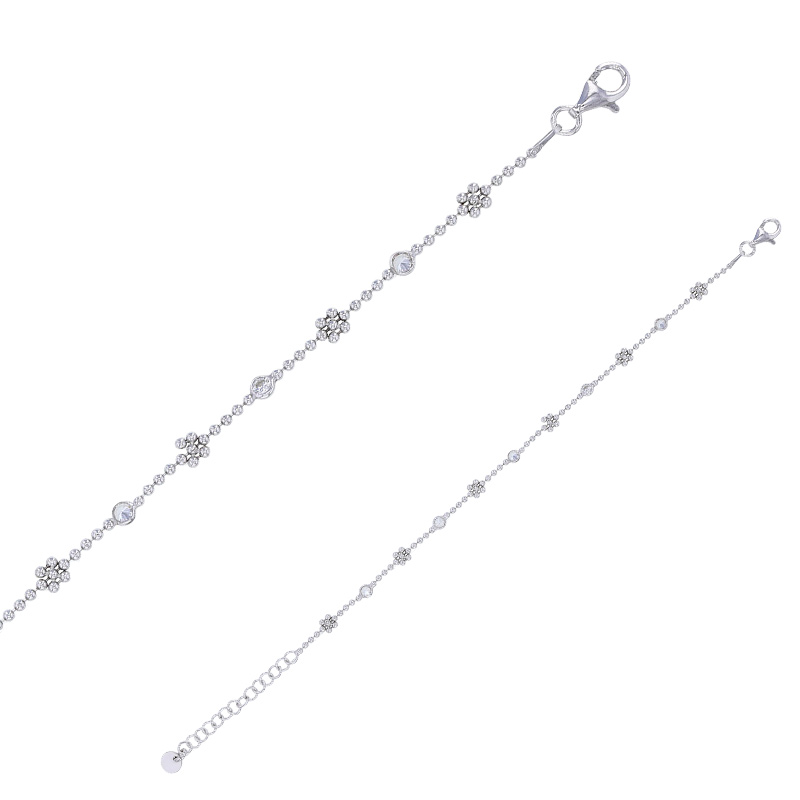 Bracelet 6 fleurs et 5 oxydes maille boule argent 925/1000 rhodié