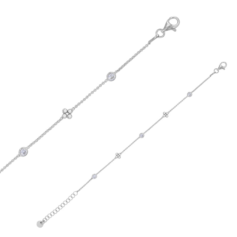Bracelet 2 fleurs et 3 oxydes maille fantaisie, argent 925/1000 rhodié