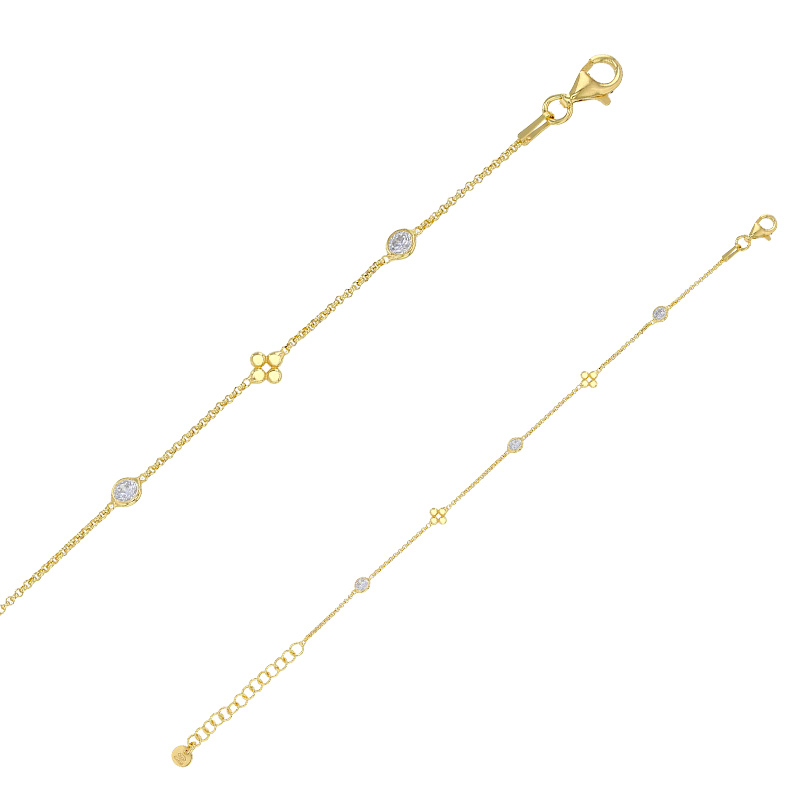 Bracelet 2 fleurs et 3 oxydes maille fantaisie, argent 925/1000 rhodié