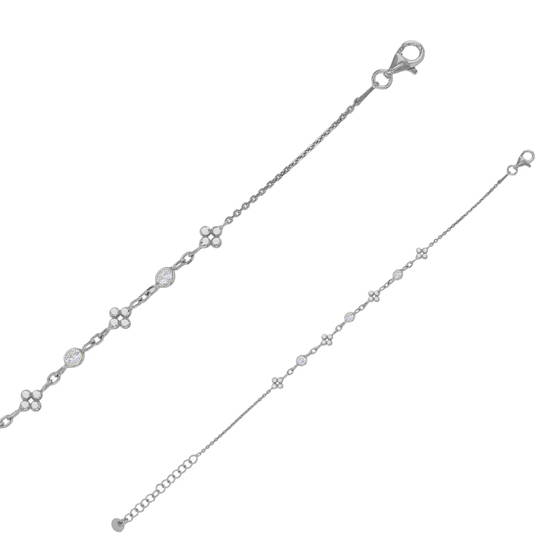 Bracelet 4 fleurs et 3 oxydes maille forçat, argent 925/1000 rhodié