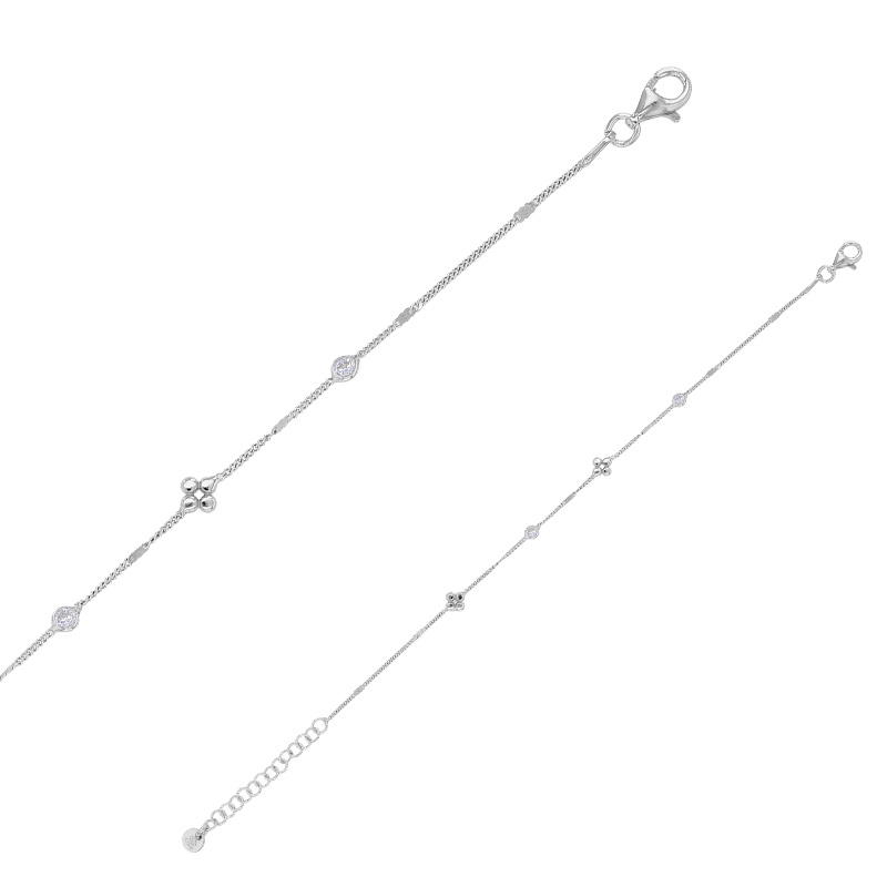 Bracelet 2 fleurs et 2 oxydes maille forçat argent 925/1000 rhodié