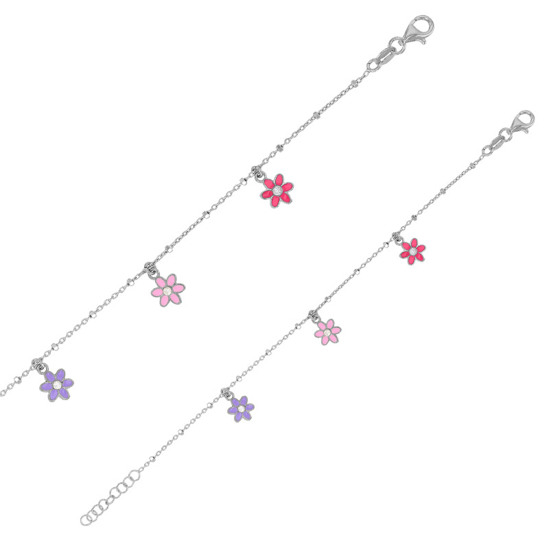 Bracelet 3 fleurs pampilles émail fuchsia, rose et violet et verre argent 925/1000 rhodié