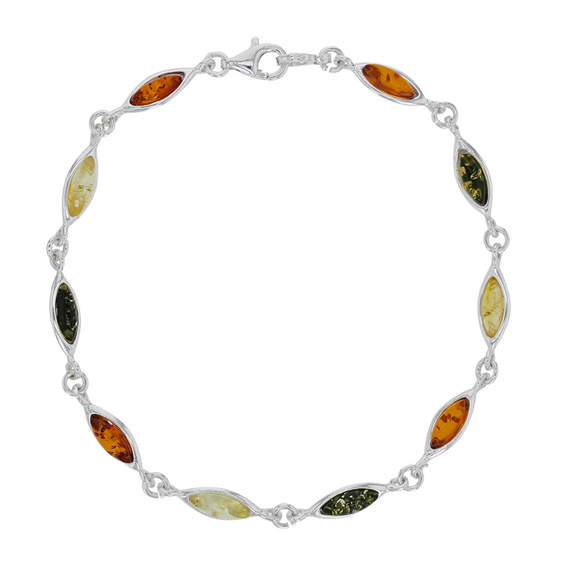 Bracelet forme amande ambre cognac, miel et gris en argent 925/1000 rhodié