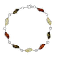 Bracelet forme amande en ambre cognac, miel et gris, argent 925/1000 rhodié