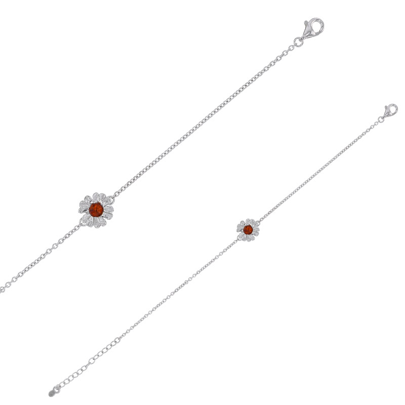 Bracelet forme fleur orné d'une ambre cognac, argent 925/1000 rhodié