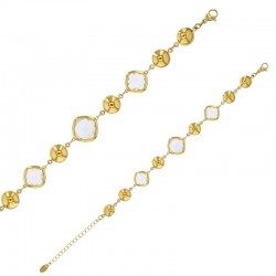 Bracelet forme losanges bombés en verre facetté blanc, acier doré