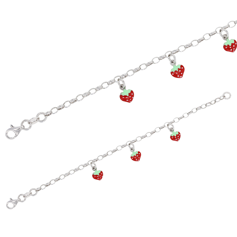 Bracelet fraise 3 pampilles, émail rouge, argent 925/1000 rhodié