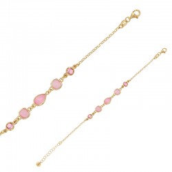 Bracelet goutte et 2 carrés en oeil de chat rose, 2 ronds en  oxyde rose, argent 925/1000 doré