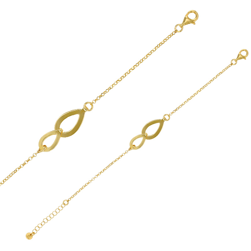 Bracelet 2 gouttes doublées maille jaseron, argent 925/1000 doré