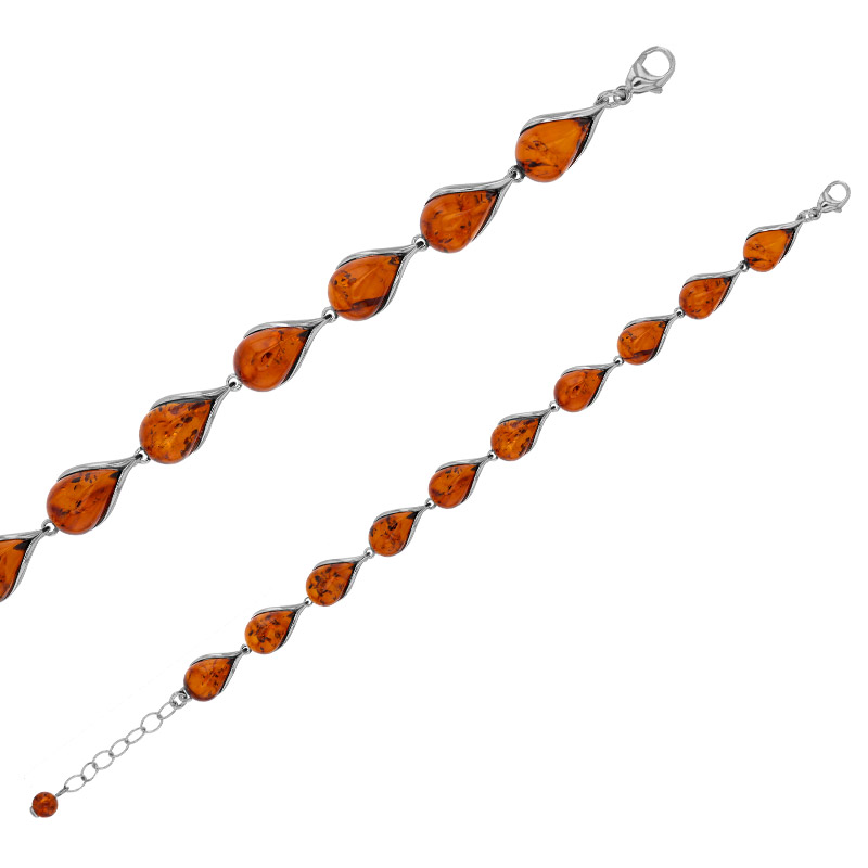 Bracelet gouttes pierres d'ambre cognac, argent 925/1000 rhodié