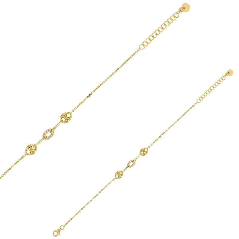 Bracelet grains de café et ovale orné d'oxydes, argent 925/1000 doré