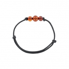 Bracelet homme réglable 3 perles ambre sur cordon coton ciré noir