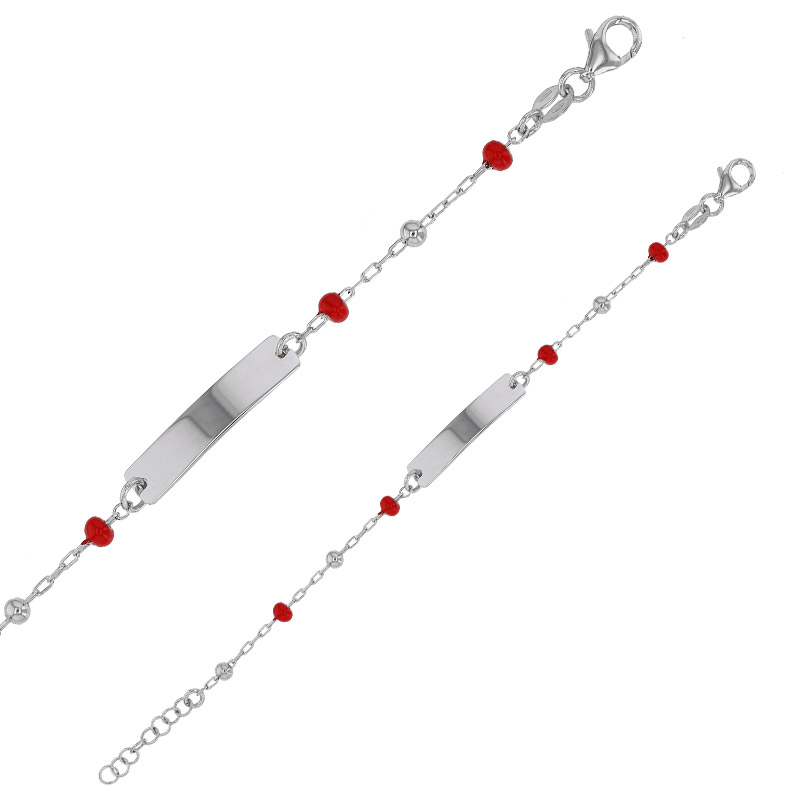 Bracelet identité bébé boules émail rouge en argent 925/1000 rhodié