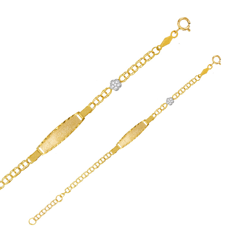 Bracelet identité bébé maille gourmette fantaisie double rond, et fleur ornée d'oxydes, Or 375/1000