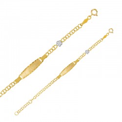 Bracelet identité bébé maille gourmette fantaisie double rond, et fleur ornée d'oxydes, Or 375/1000
