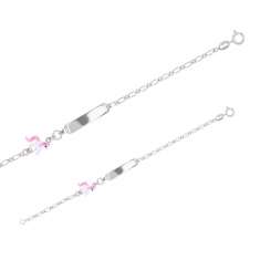 Bracelet identité bébé poney émail rose et blanc, argent 925/1000 rhodié