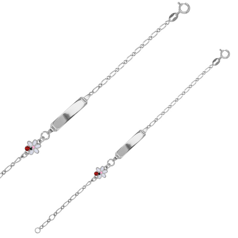Bracelet identité coccinelle sur fleur émaillée multicolore, argent 925/1000 rhodié