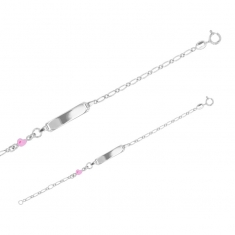 Bracelet identité coeur, émail rose clair, argent 925/1000 rhodié