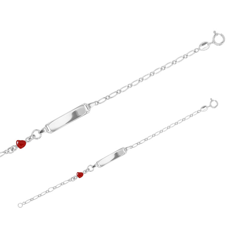 Bracelet identité coeur, émail rouge en argent 925/1000 rhodié