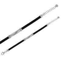 Bracelet identité en cuir de bovin noir, argent 925/1000 platiné