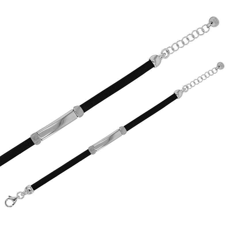Bracelet identité en cuir de bovin noir, argent 925/1000 platiné