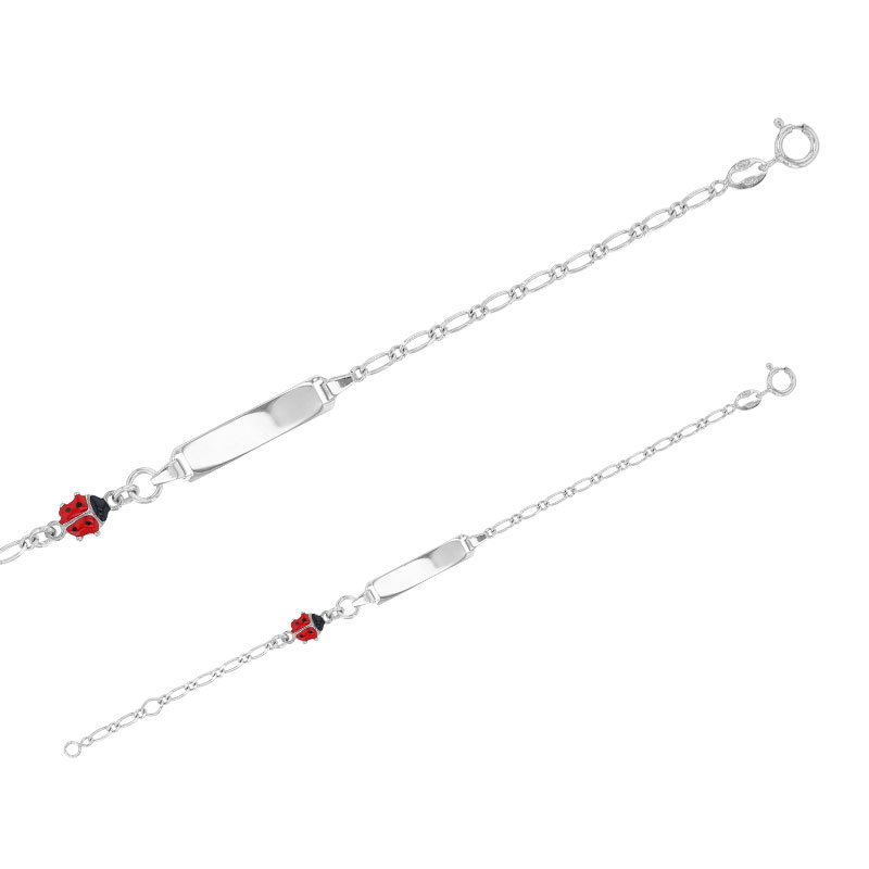 Bracelet identité en émail coccinelle rouge, argent 925/1000 rhodié