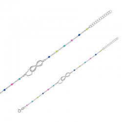 Bracelet infini et coeur entrelacés, chaîne boules émail de couleurs, argent 925/1000 platiné