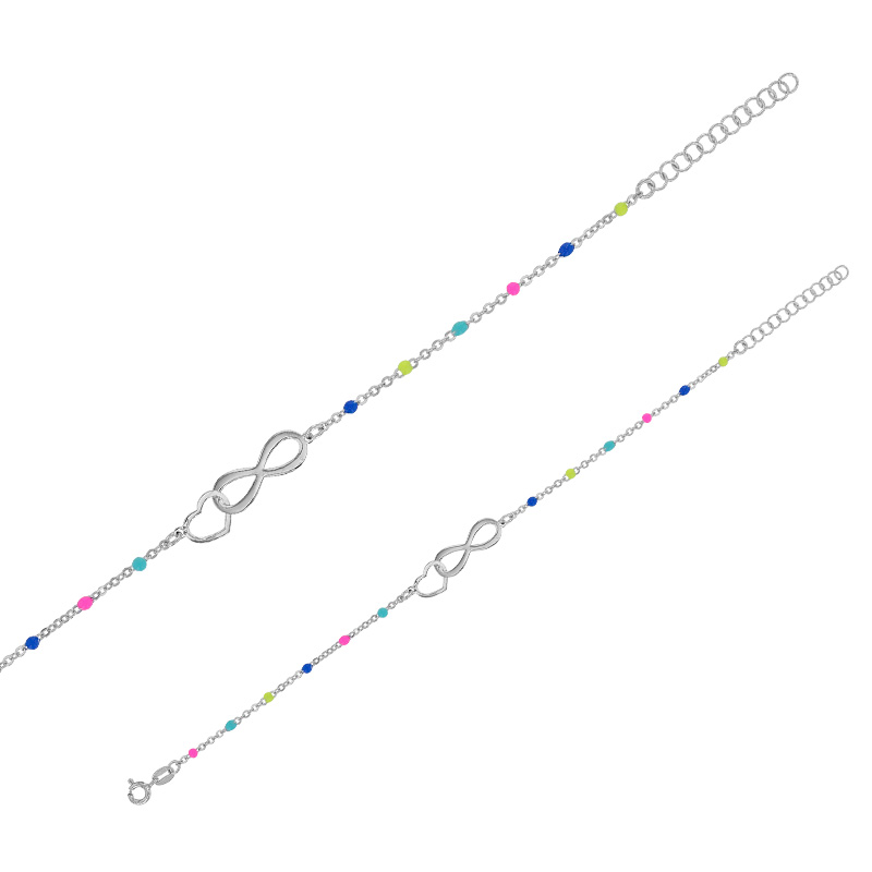 Bracelet infini et coeur entrelacés, chaîne boules émail de couleurs, argent 925/1000 platiné