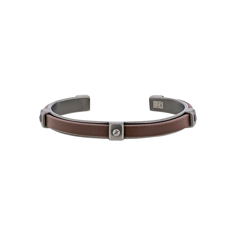 Bracelet jonc acier vieilli et cuir de bovin marron foncé