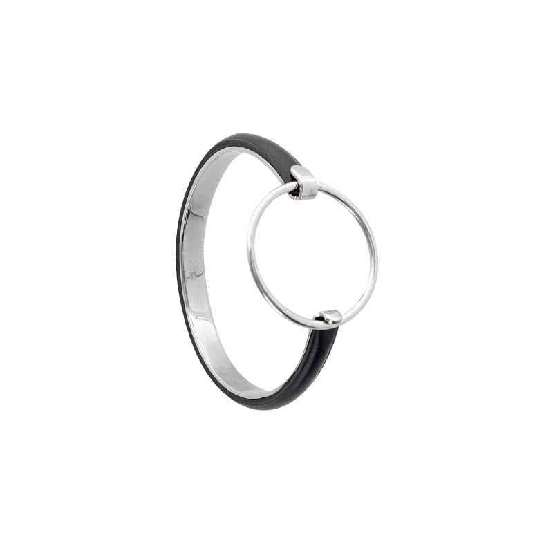 Bracelet jonc cercle ajouré en argent doré 925/1000 et cuir de bovin noir
