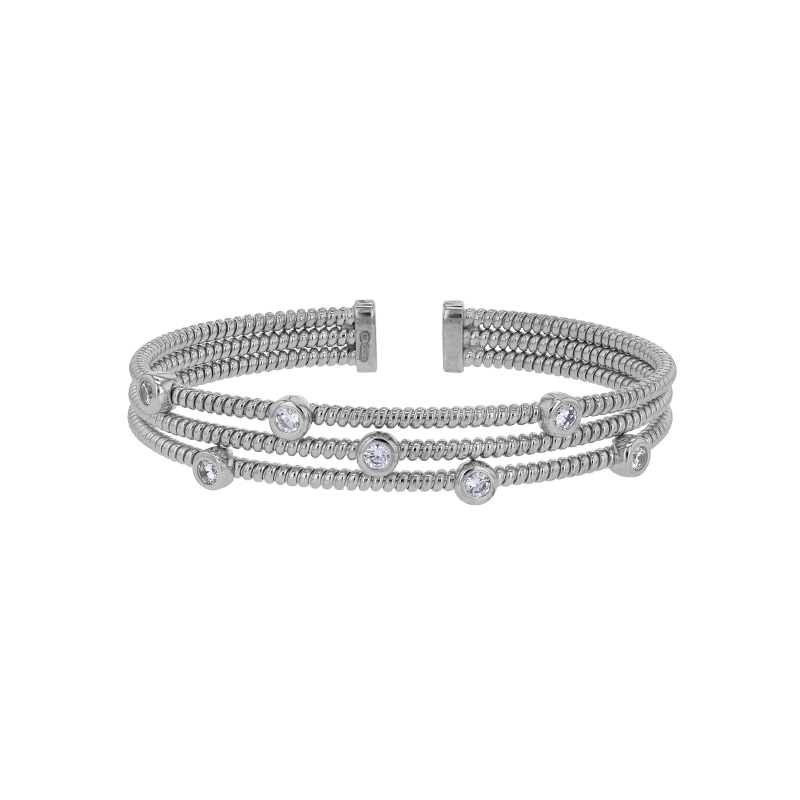 Bracelet jonc 3 rangs torsadés avec oxydes sertis clos, argent 925/1000