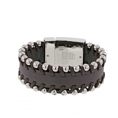 Bracelet large en cuir de bovin et boules en acier