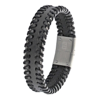 Bracelet large en cuir de bovin noir et câble acier gris