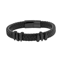 Bracelet large et tressé en cuir de bovin noir, deux spirales, avec fermoir en acier
