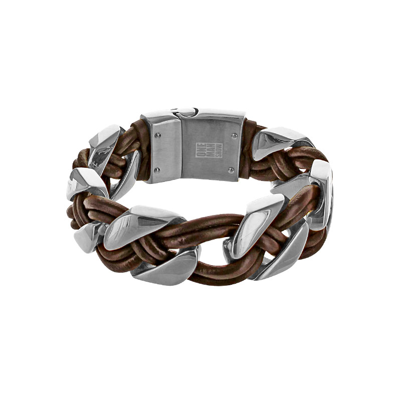 Bracelet large tressé en cuir de bovin marron et en acier gris