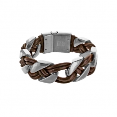 Bracelet large tressé en cuir de bovin marron et en acier gris