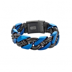 Bracelet large tressé en cuir de bovin noir et en acier bleu