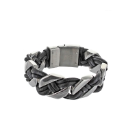 Bracelet large tressé en cuir de bovin noir et en acier gris