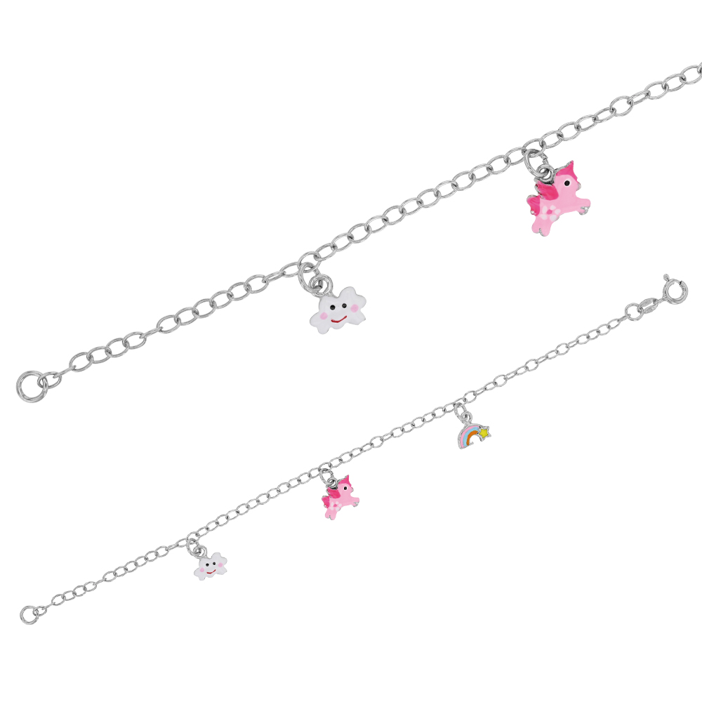Bracelet licorne et arc-en-ciel émaillés, argent 925/1000 rhodié