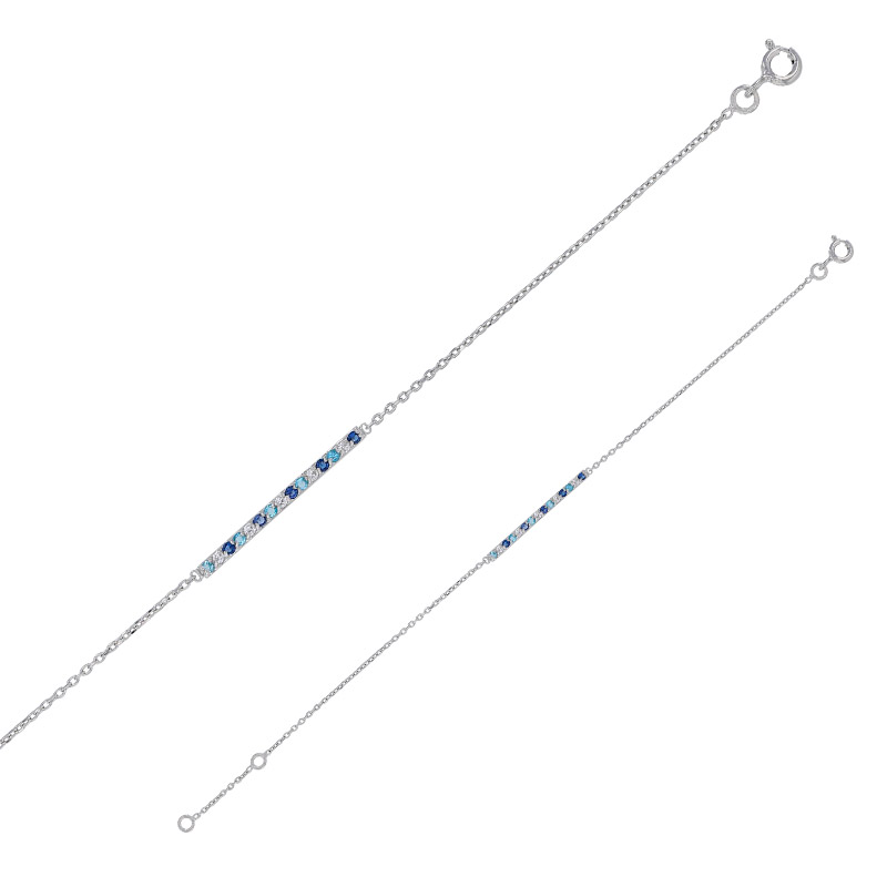 Bracelet ligne d'oxydes de couleurs blancs et bleus, argent 925/1000 platiné
