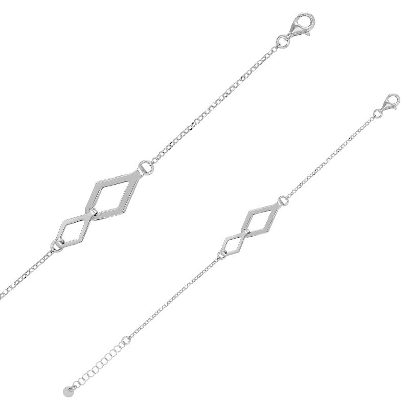 Bracelet 2 losanges doublés maille jaseron, argent 925/1000 rhodié