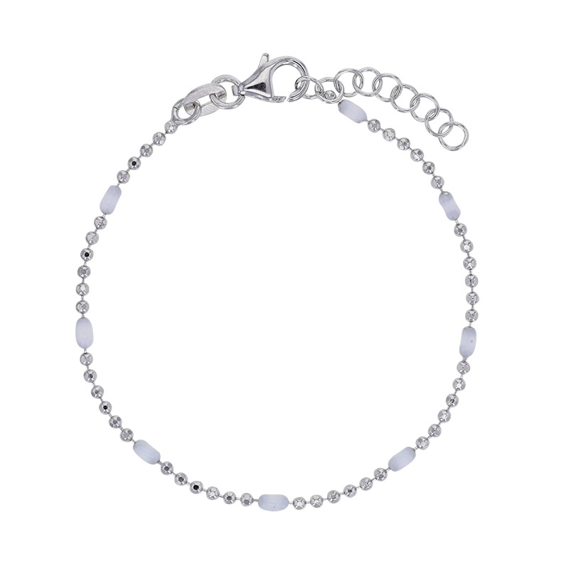 Bracelet maille boule diamantée, émail blanc argent 925/1000 rhodié