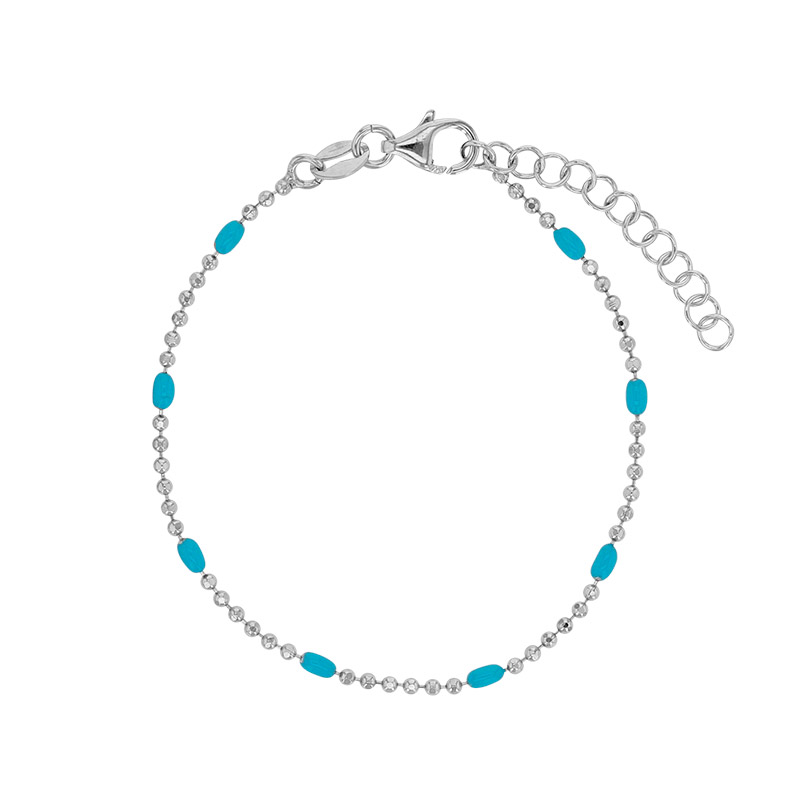 Bracelet maille boule diamantée, émail bleu turquoise argent 925/1000 rhodié