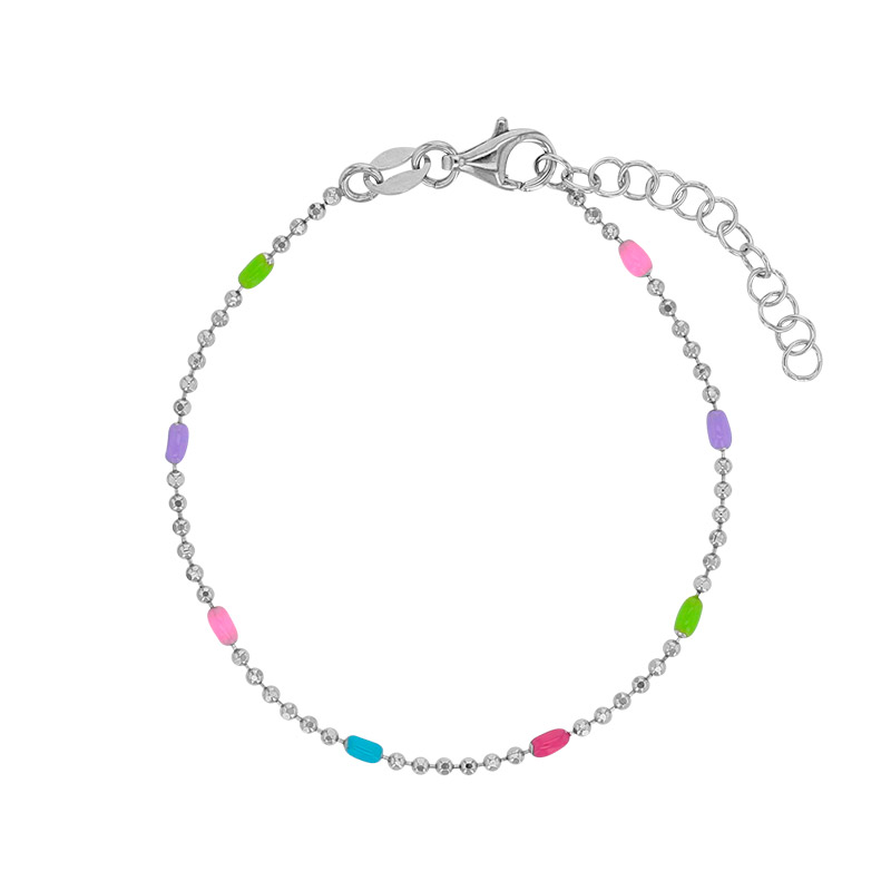 Bracelet maille boule diamantée, émail multicolore argent 925/1000 rhodié