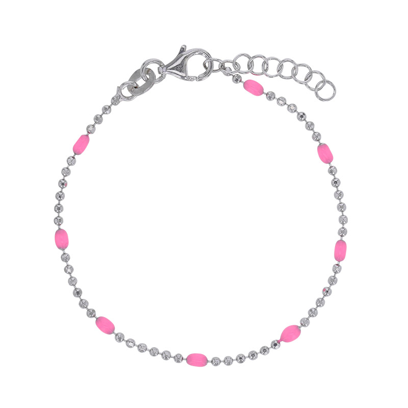 Bracelet maille boule diamantée, émail rose argent 925/1000 rhodié