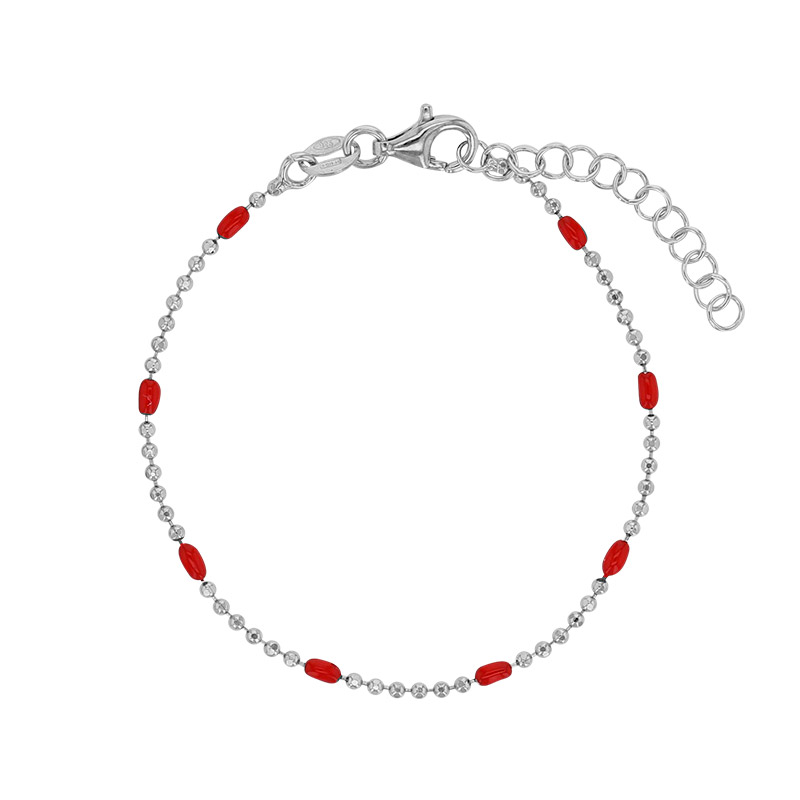 Bracelet maille boule diamantée, émail rouge argent 925/1000 rhodié